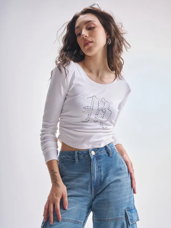 Tokyo Talkies Women White Embellished Regular Top