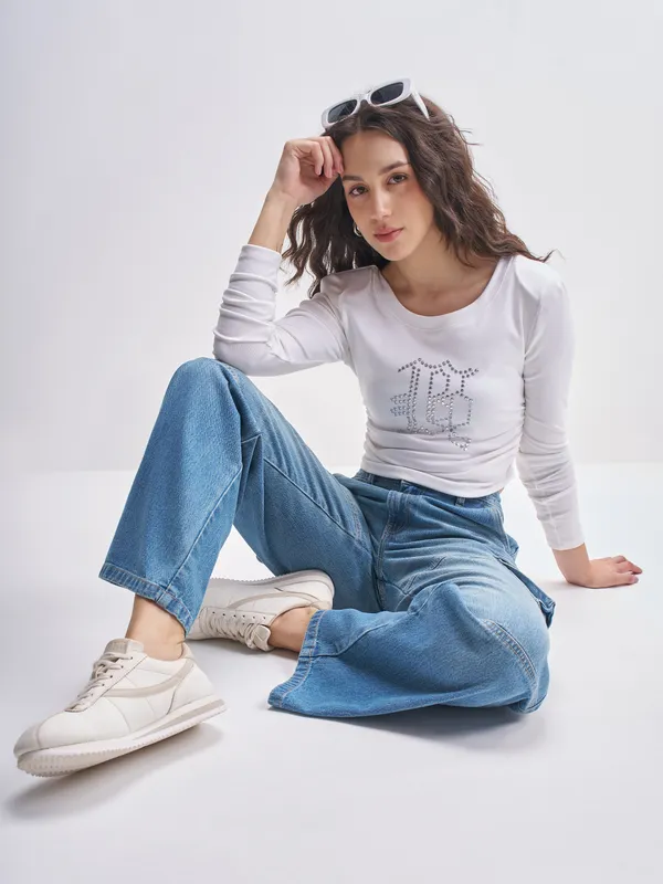 Tokyo Talkies Women White Embellished Regular Top