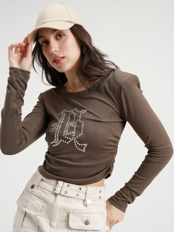 Tokyo Talkies Women Brown Embellished Regular Top