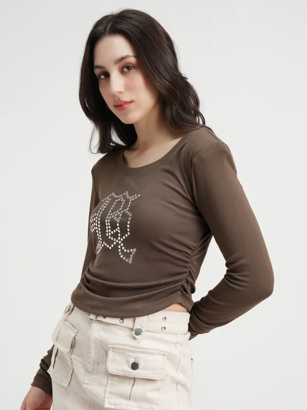 Tokyo Talkies Women Brown Embellished Regular Top