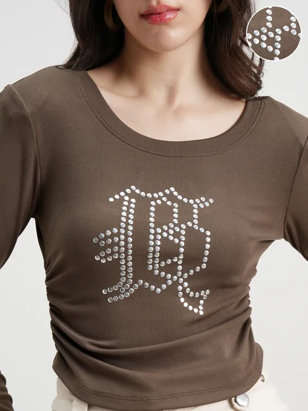 Tokyo Talkies Women Brown Embellished Regular Top