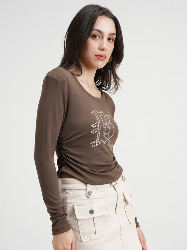 Tokyo Talkies Women Brown Embellished Regular Top