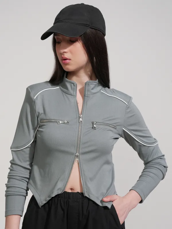 Tokyo Talkies Women Grey Solid Fitted Top