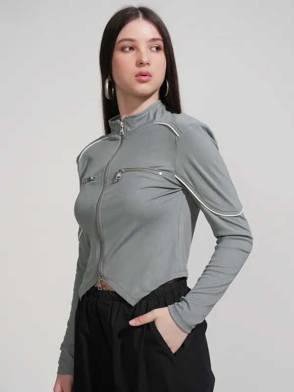 Tokyo Talkies Women Grey Solid Fitted Top