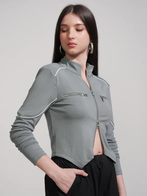 Tokyo Talkies Women Grey Solid Fitted Top