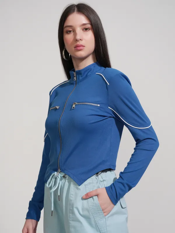 Tokyo Talkies Women Blue Solid Fitted Top
