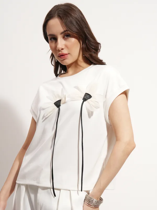 Tokyo Talkies Women White Applique Regular Top