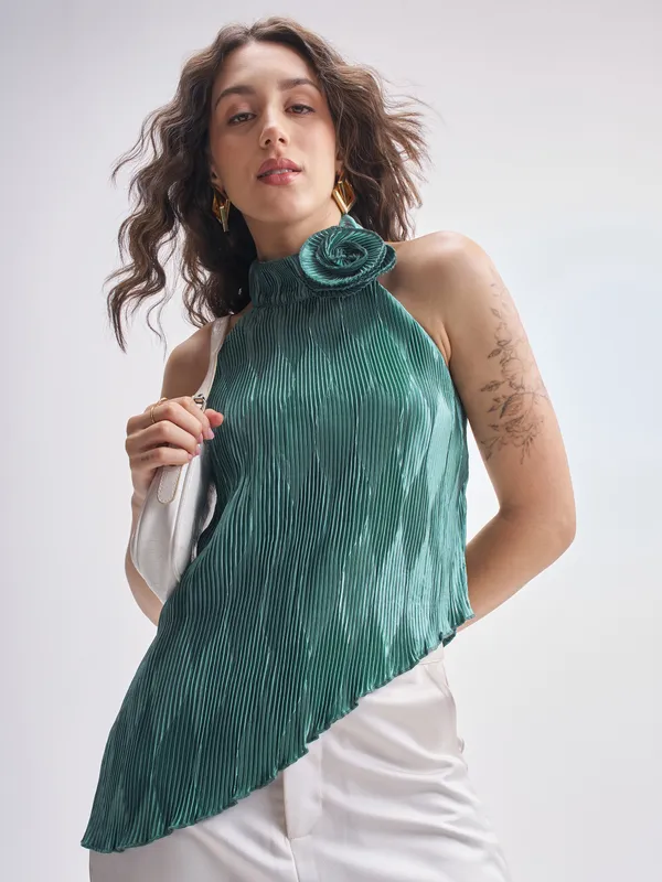 Tokyo Talkies Women Teal Self Design Regular Top