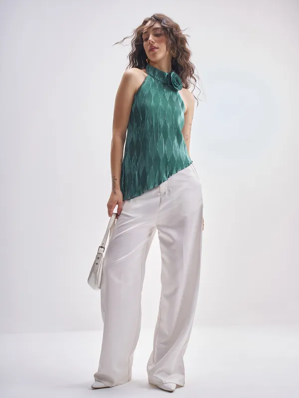 Tokyo Talkies Women Teal Self Design Regular Top