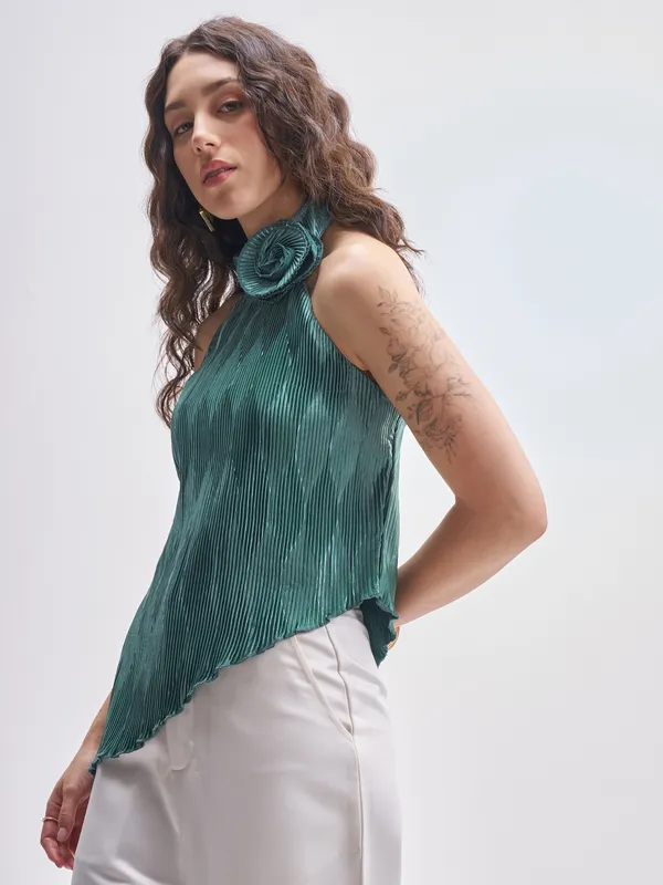 Tokyo Talkies Women Teal Self Design Regular Top