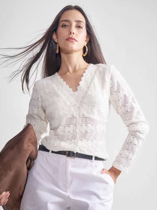 Tokyo Talkies Women Off White Self Design Regular Top