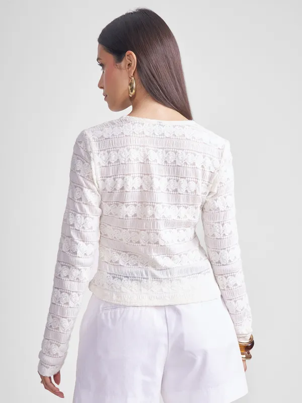 Tokyo Talkies Women Off White Self Design Regular Top