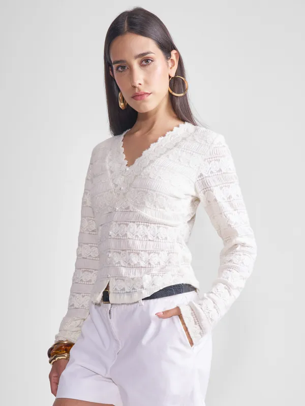 Tokyo Talkies Women Off White Self Design Regular Top