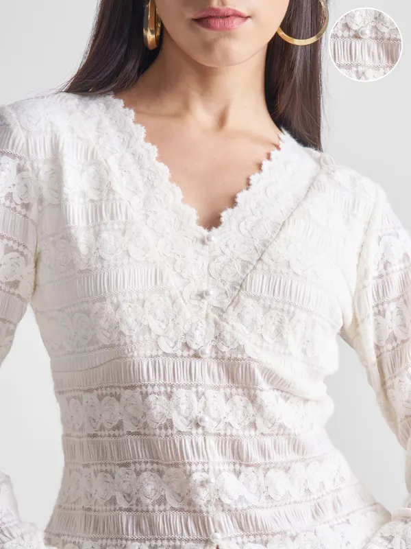 Tokyo Talkies Women Off White Self Design Regular Top