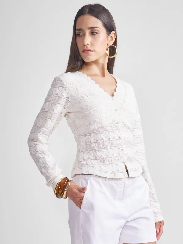 Tokyo Talkies Women Off White Self Design Regular Top