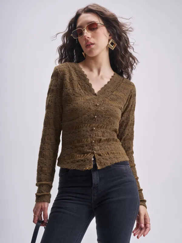 Tokyo Talkies Women Brown Self Design Regular Top