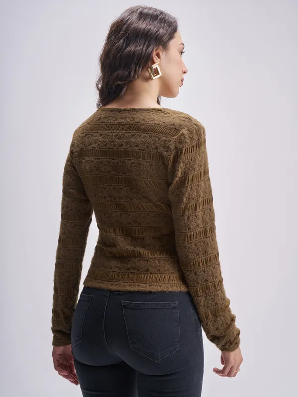 Tokyo Talkies Women Brown Self Design Regular Top