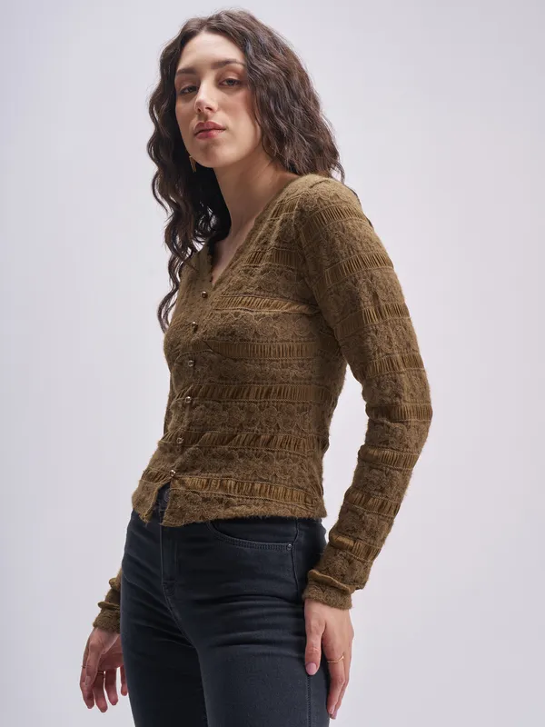 Tokyo Talkies Women Brown Self Design Regular Top