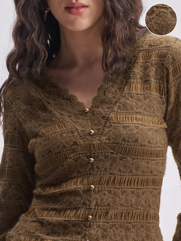 Tokyo Talkies Women Brown Self Design Regular Top