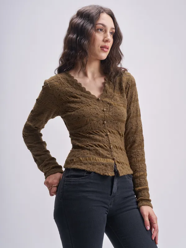 Tokyo Talkies Women Brown Self Design Regular Top