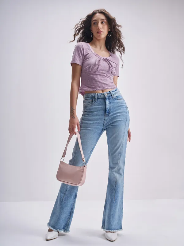 Tokyo Talkies Women Purple Self Design Regular Top