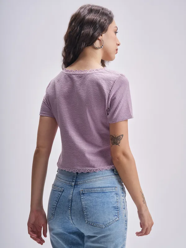 Tokyo Talkies Women Purple Self Design Regular Top