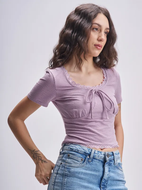 Tokyo Talkies Women Purple Self Design Regular Top