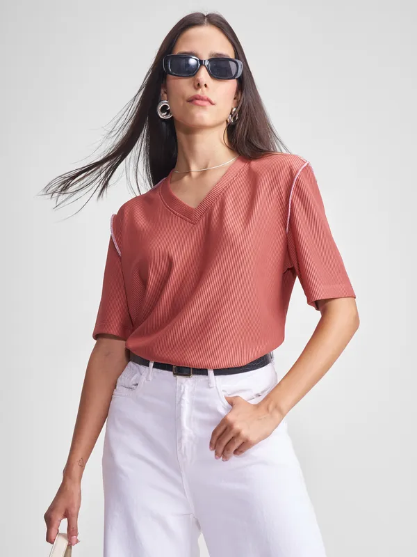 Tokyo Talkies Women Rust Solid Regular Top