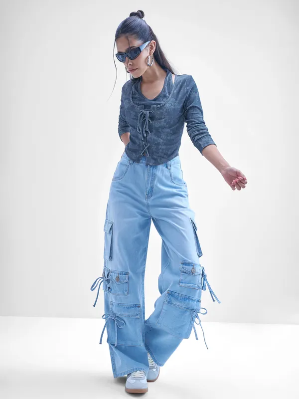 Street By Tokyo Talkies Women Blue Printed Shirt Style Top