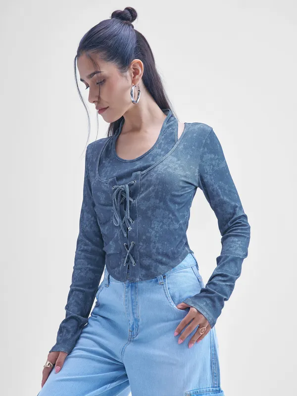 Street By Tokyo Talkies Women Blue Printed Shirt Style Top