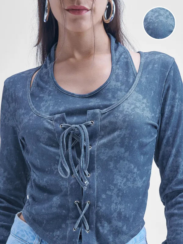 Street By Tokyo Talkies Women Blue Printed Shirt Style Top