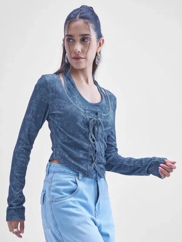 Street By Tokyo Talkies Women Blue Printed Shirt Style Top