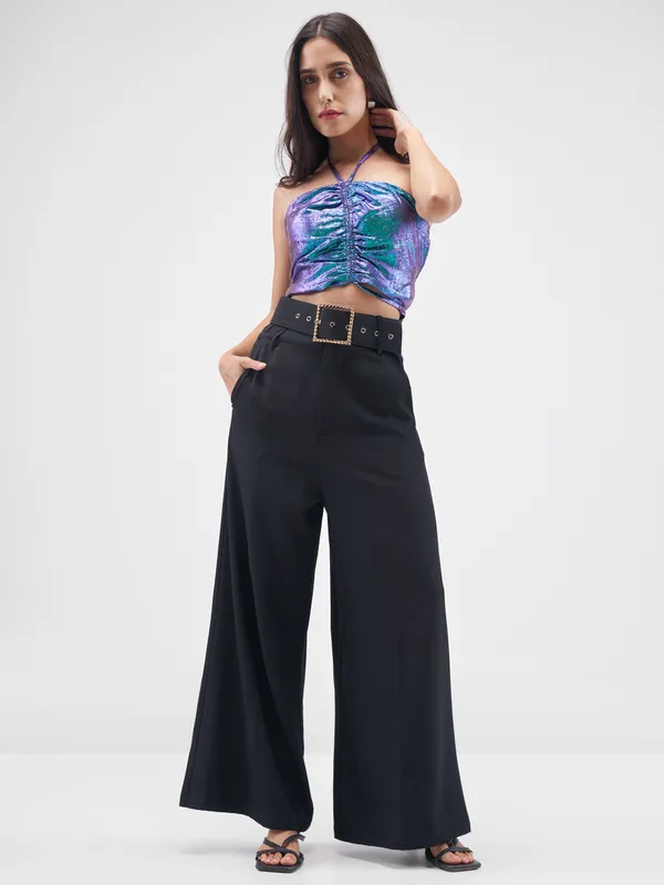 Tokyo Talkies Women Blue Self Design Regular Top