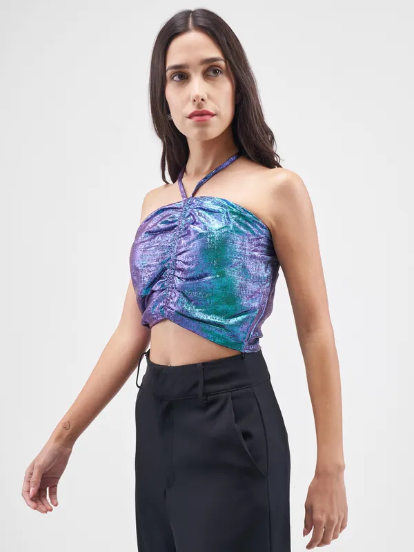 Tokyo Talkies Women Blue Self Design Regular Top