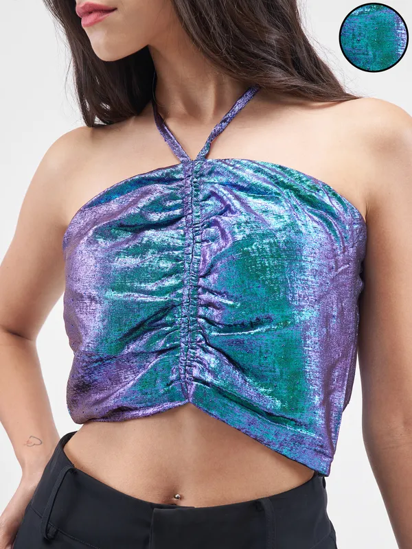 Tokyo Talkies Women Blue Self Design Regular Top