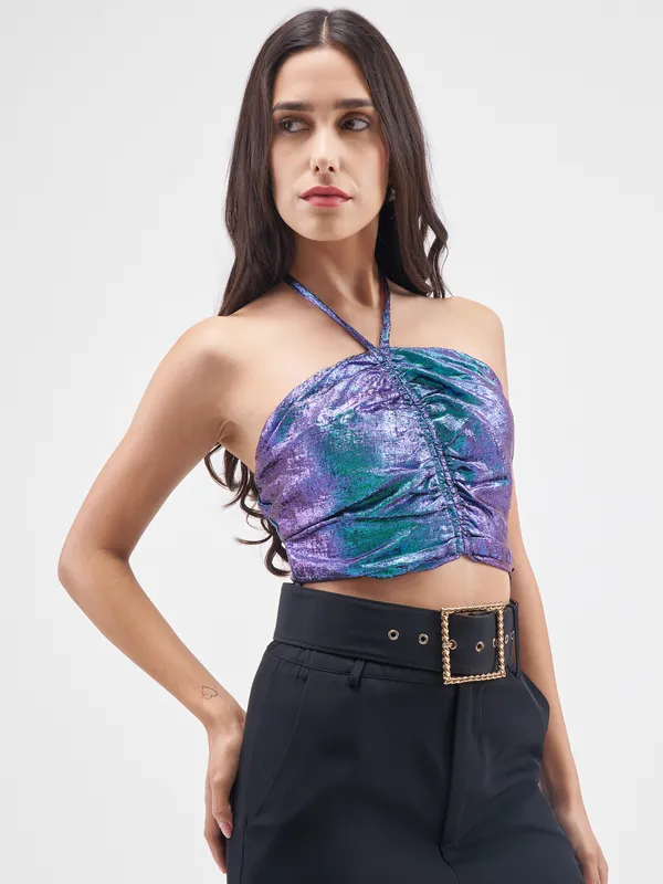 Tokyo Talkies Women Blue Self Design Regular Top