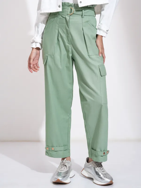  Tokyo Talkies Women Green Solid Regular Fit Casual Trousers