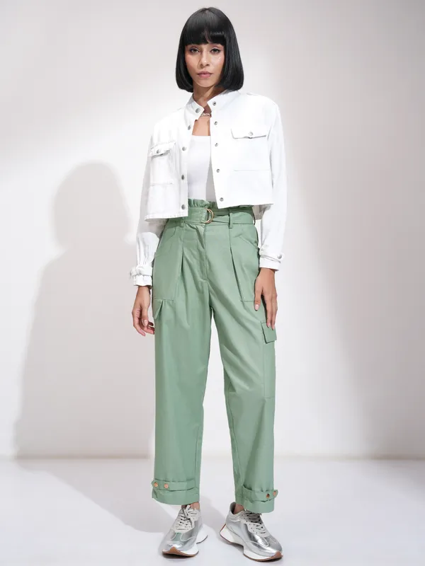  Tokyo Talkies Women Green Solid Regular Fit Casual Trousers