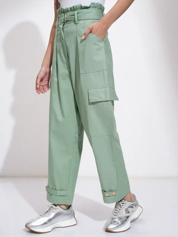  Tokyo Talkies Women Green Solid Regular Fit Casual Trousers