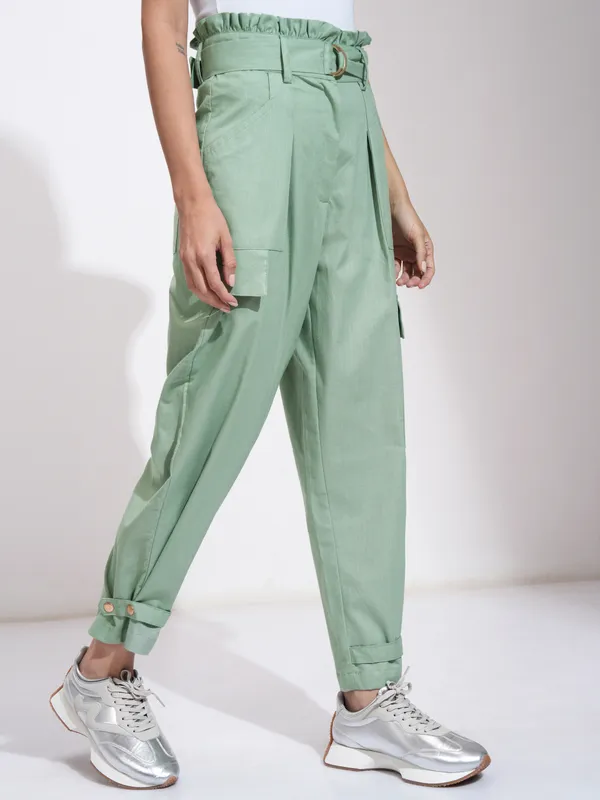  Tokyo Talkies Women Green Solid Regular Fit Casual Trousers