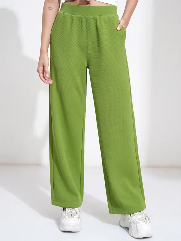 Tokyo Talkies Women Green Self Design Regular Fit Casual Trouser