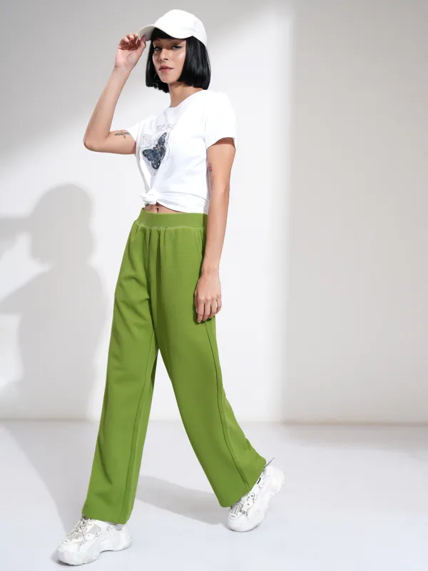 Tokyo Talkies Women Green Self Design Regular Fit Casual Trouser