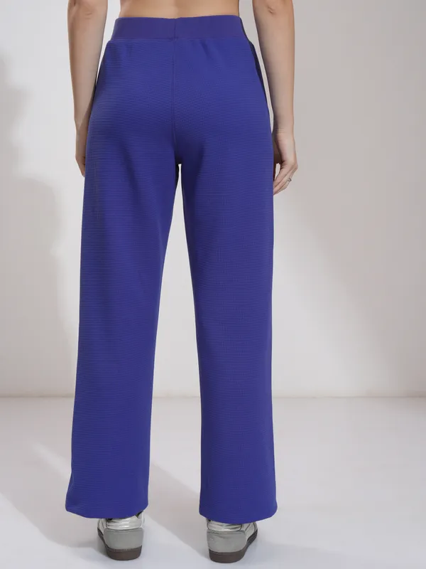 Tokyo Talkies Women Blue Self Design Straight Fit Casual Trouser