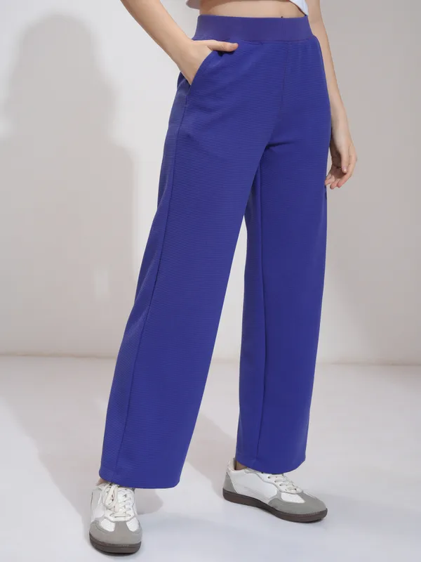 Tokyo Talkies Women Blue Self Design Straight Fit Casual Trouser