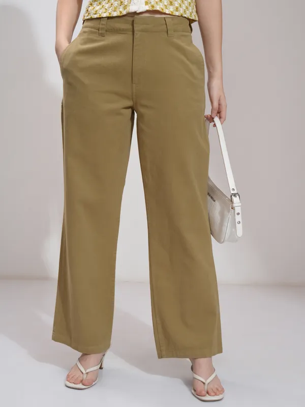 Tokyo Talkies Women Khaki Solid Flared Casual Trouser