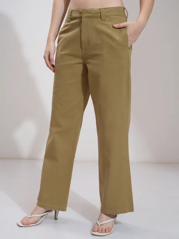 Tokyo Talkies Women Khaki Solid Flared Casual Trouser