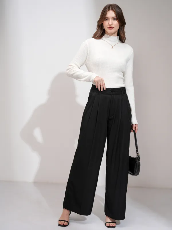 Tokyo Talkies Women Black Solid Wide Leg Casual Trouser