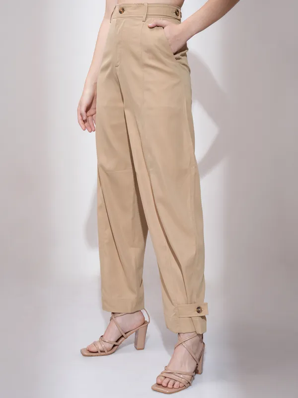 Tokyo Talkies Women Brown Straight Fit Solid Formal Trousers