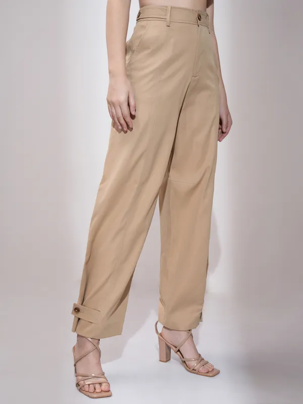 Tokyo Talkies Women Brown Straight Fit Solid Formal Trousers