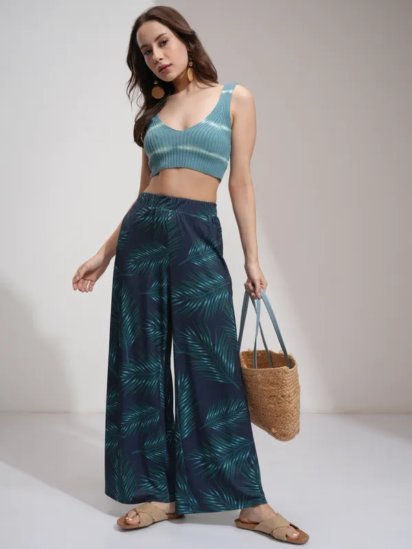 Tokyo Talkies Women Blue Printed Flared Casual Trousers